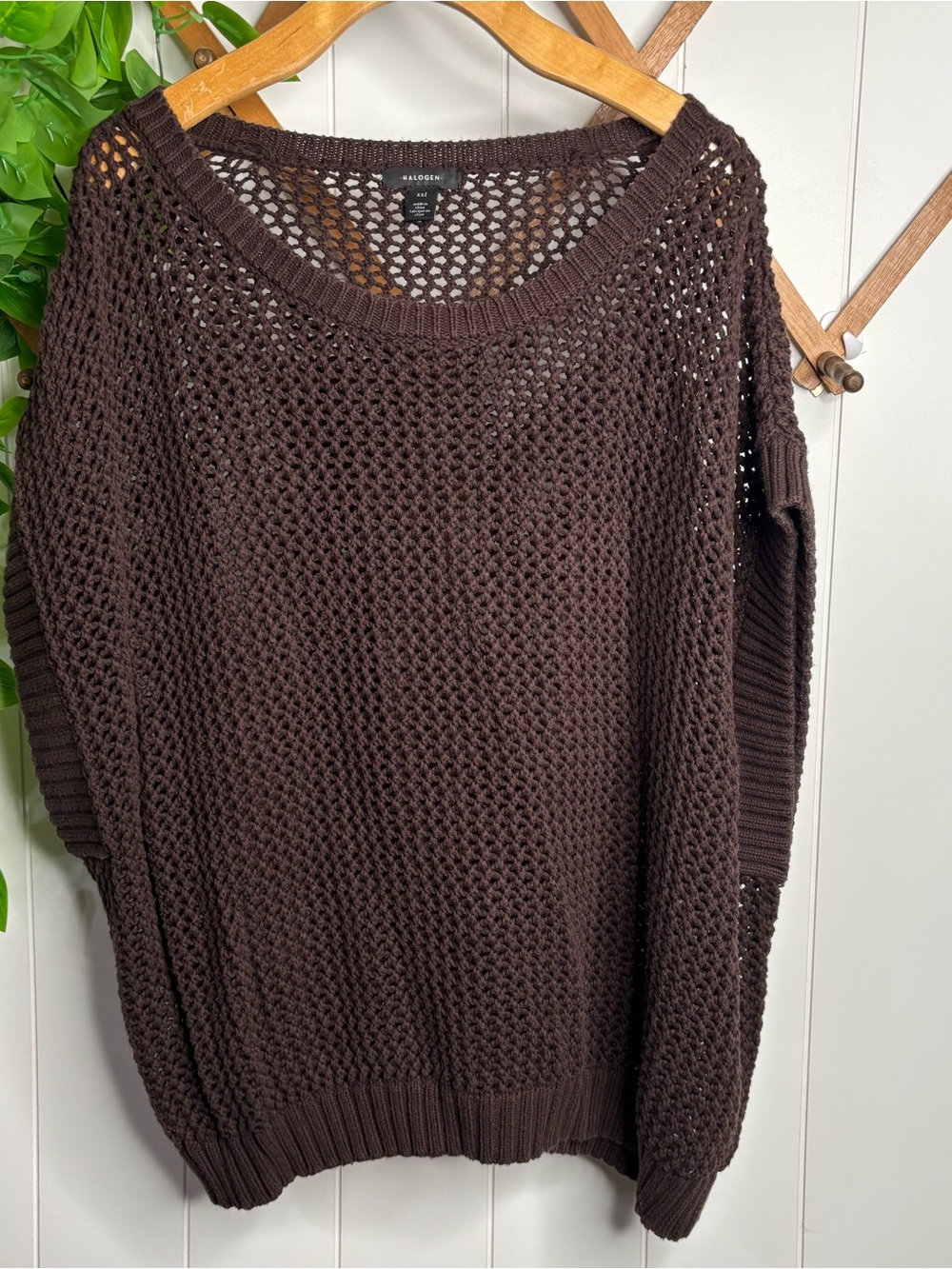 Halogen Open Knit Crewneck Sweater - Dark Brown 1X